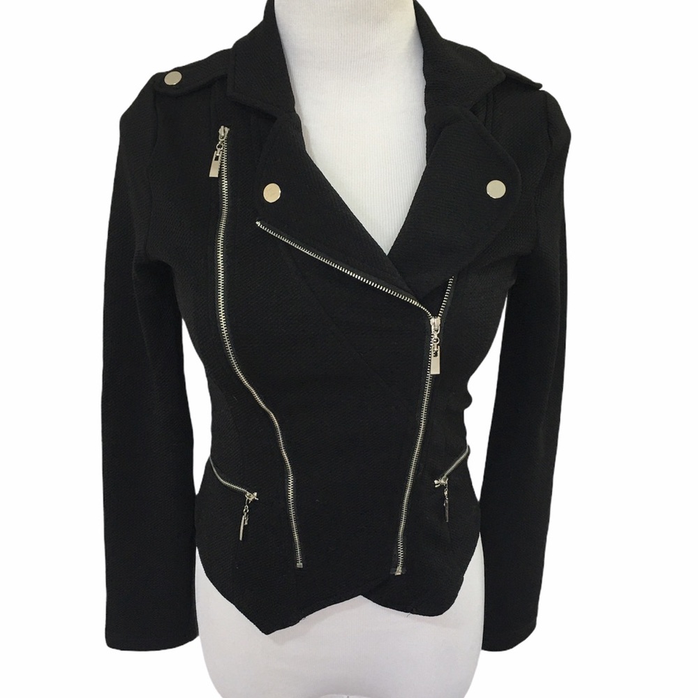 Black Cropped Classic Zip Moto Style Jacket Fitted Silver Metal Accents